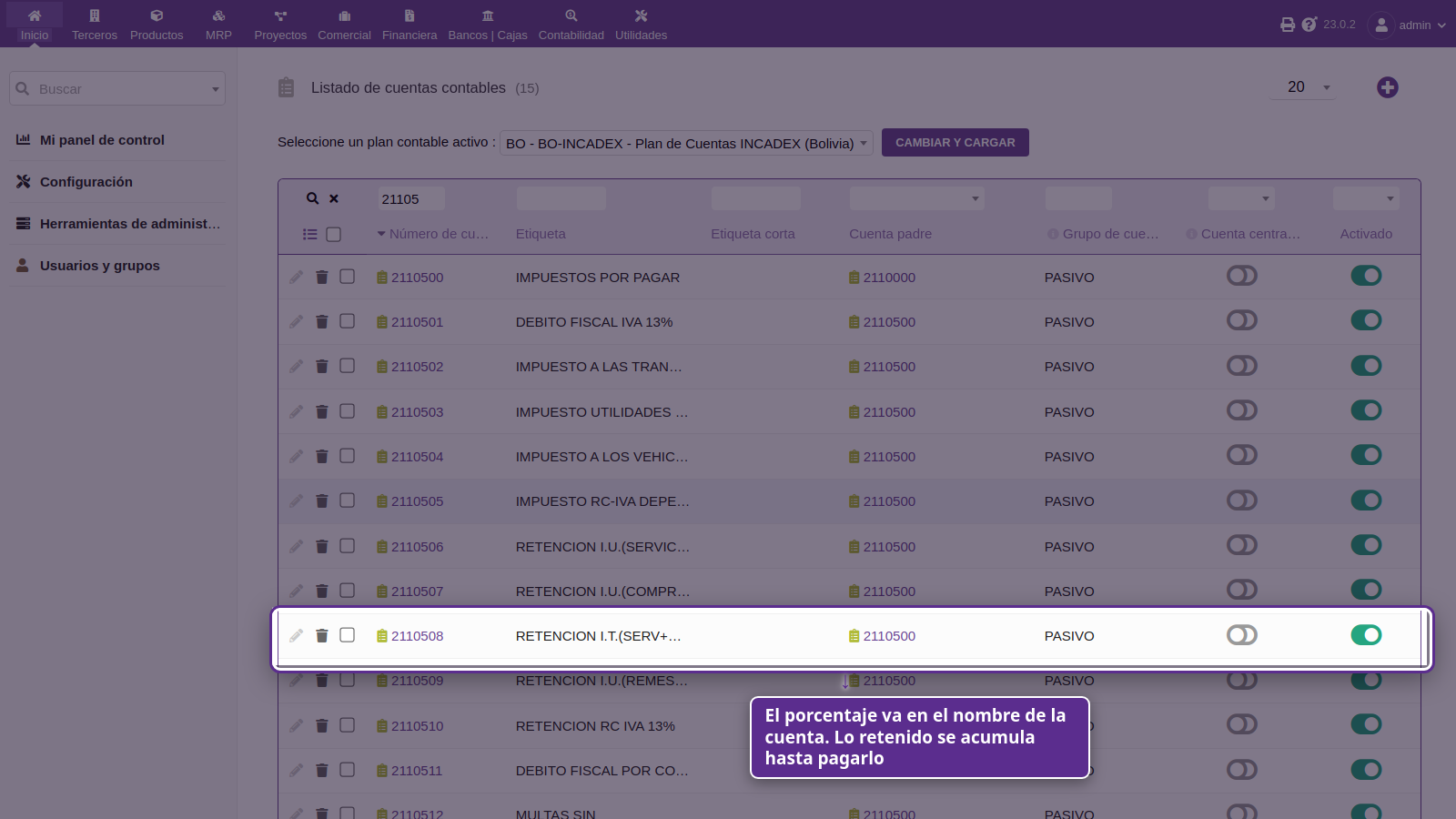 Cuentas contables de retenciones en el plan de cuentas