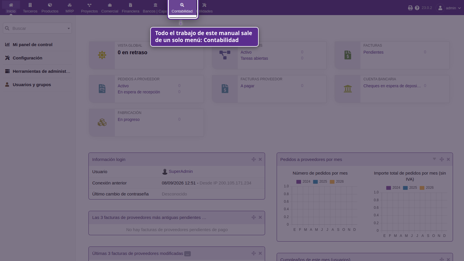 Pantalla de inicio de Dolibarr, con el menú Contabilidad señalado